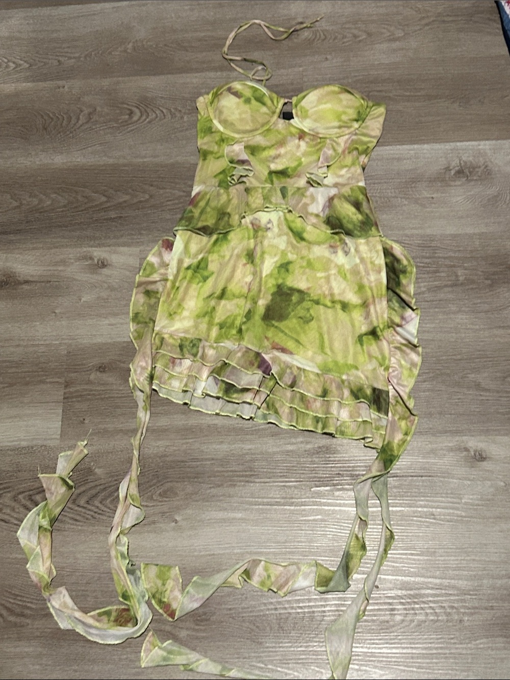 Green Floral Ruffle Halter Dress with Tie Straps